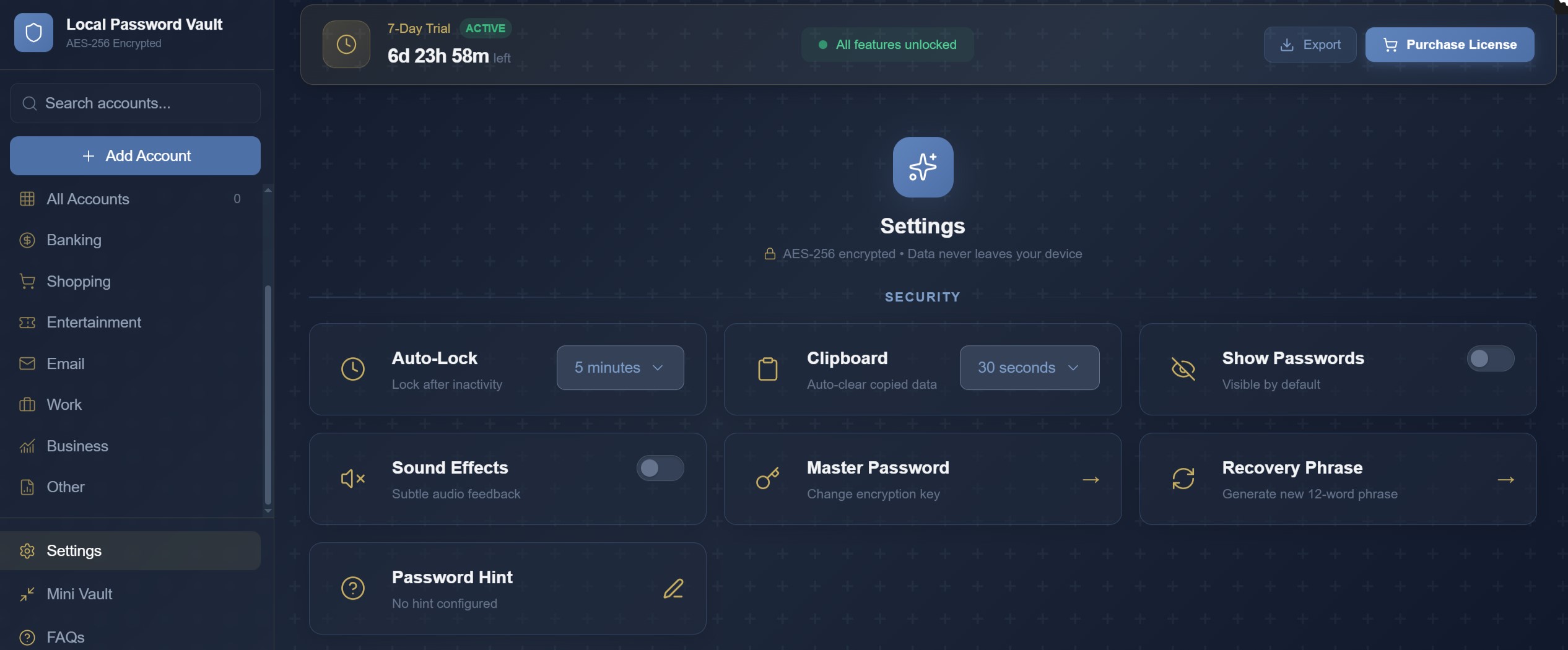 App settings and security options